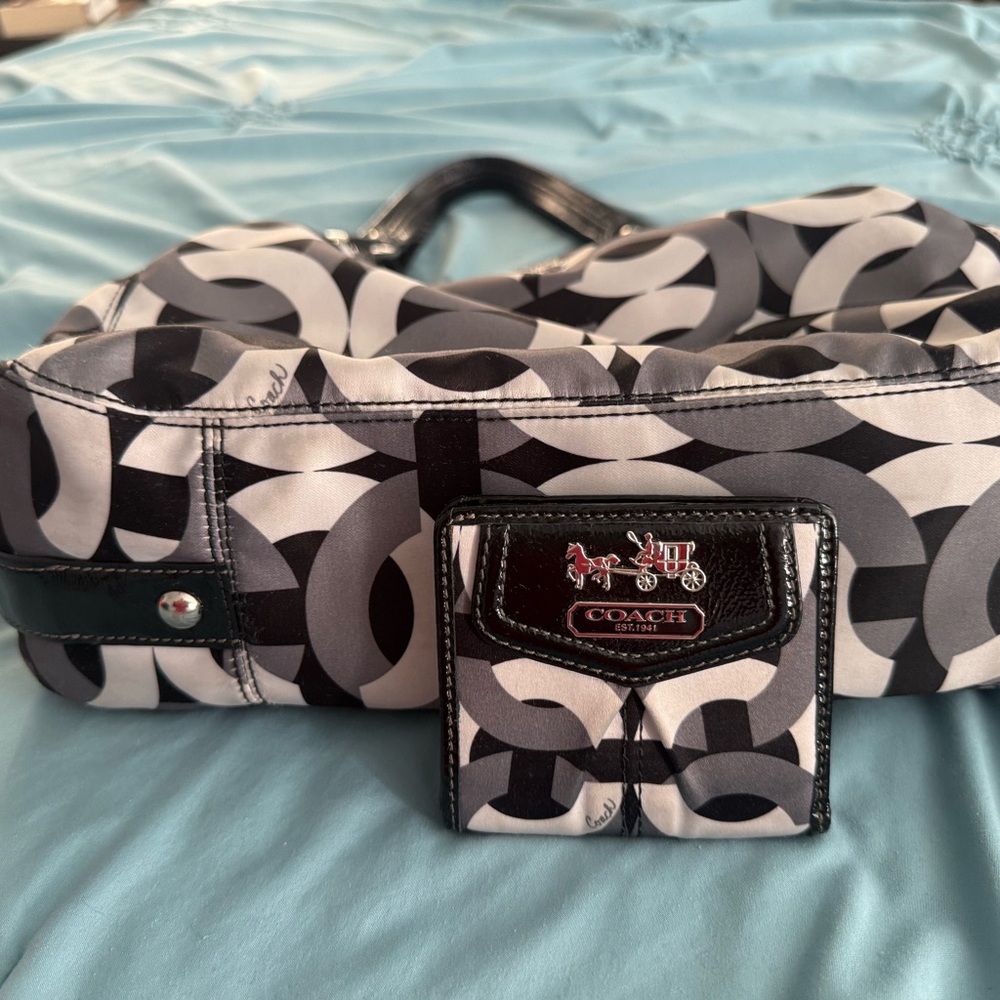 Coach Black and Gray Patterned Bag and Wallet Set
